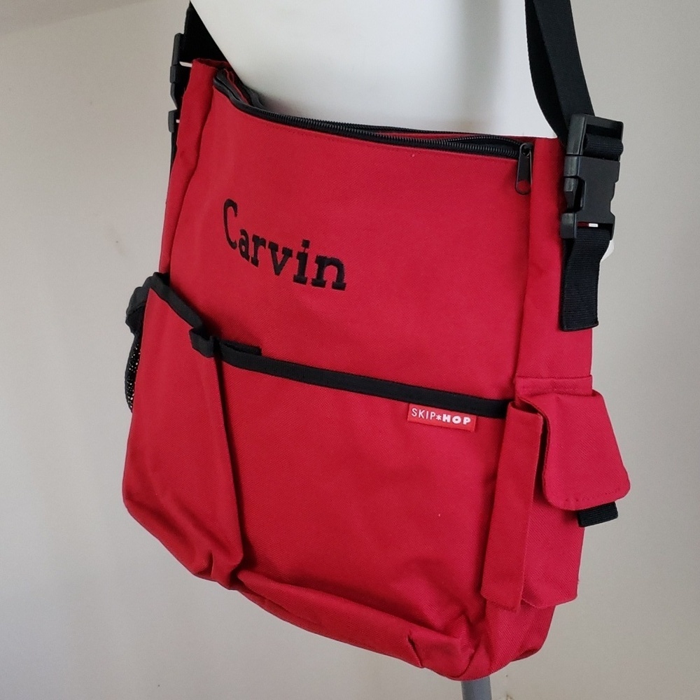 Skip Hop Diaper Bag Red Duo Stroller Friendly, Calvin embroidered.
